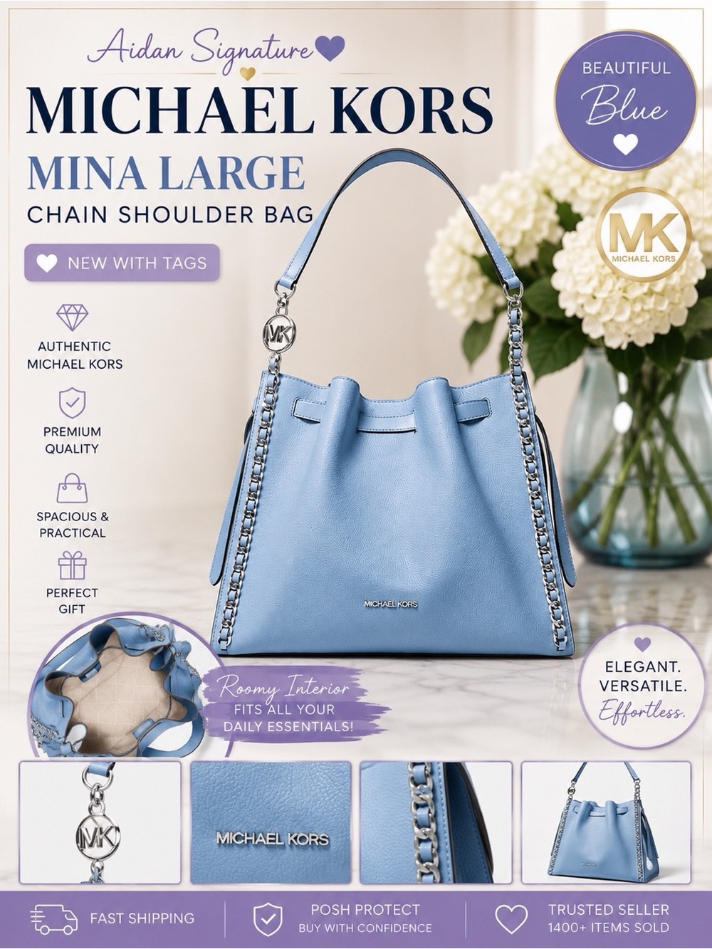 Michael Kors Mina Large Chain Shoulder Bag "Light Sky" NWOT